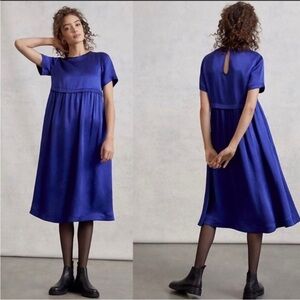 Anthropologie Maeve Empire Waist Satin Midi Dress in Royal Blue